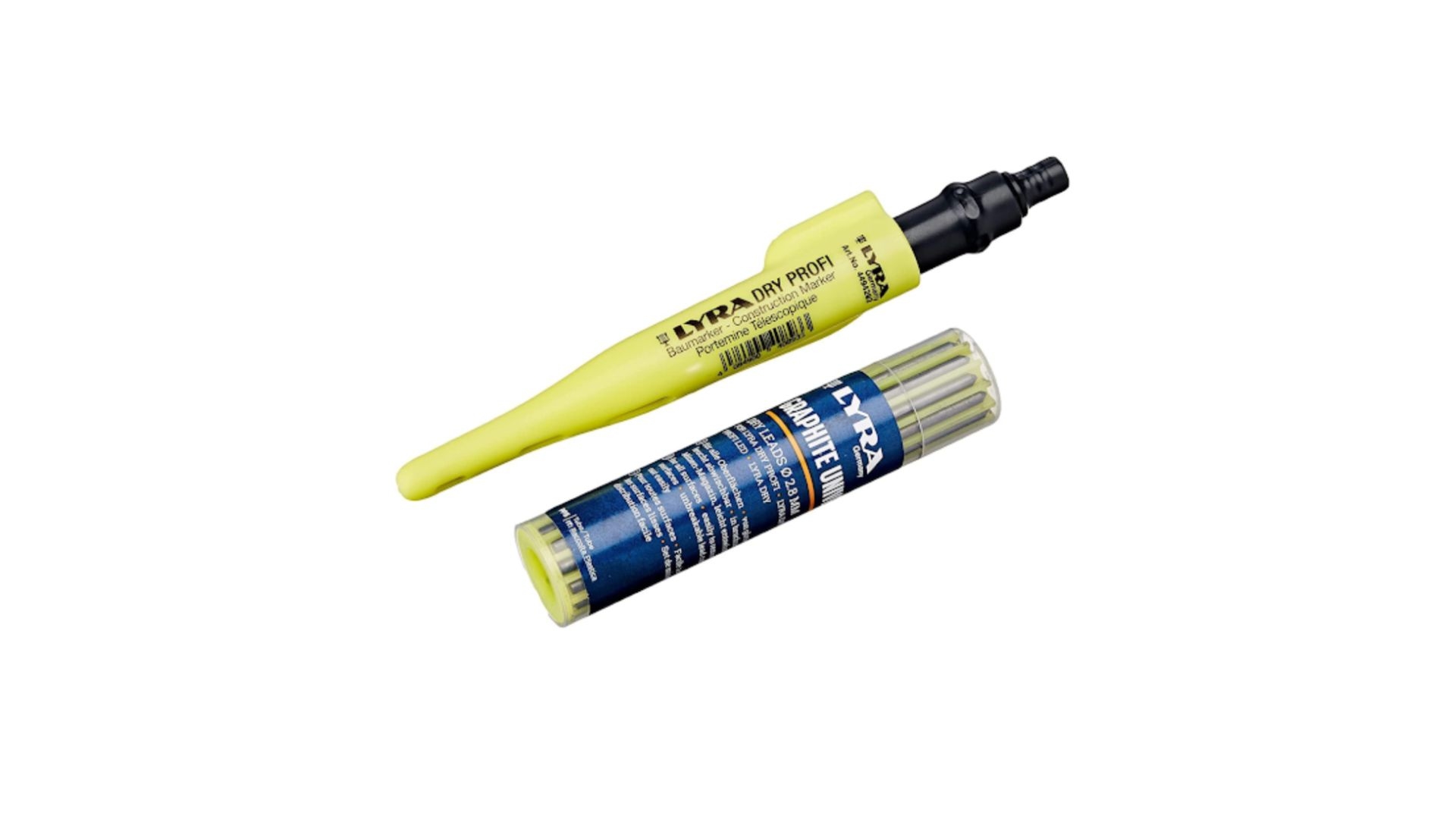 Marqueur de construction (Lyra Dry Profi), avec Taille-crayon et clip + 12 mines graphite universelles en 2B pour toutes les surfaces sous blister - LYRA