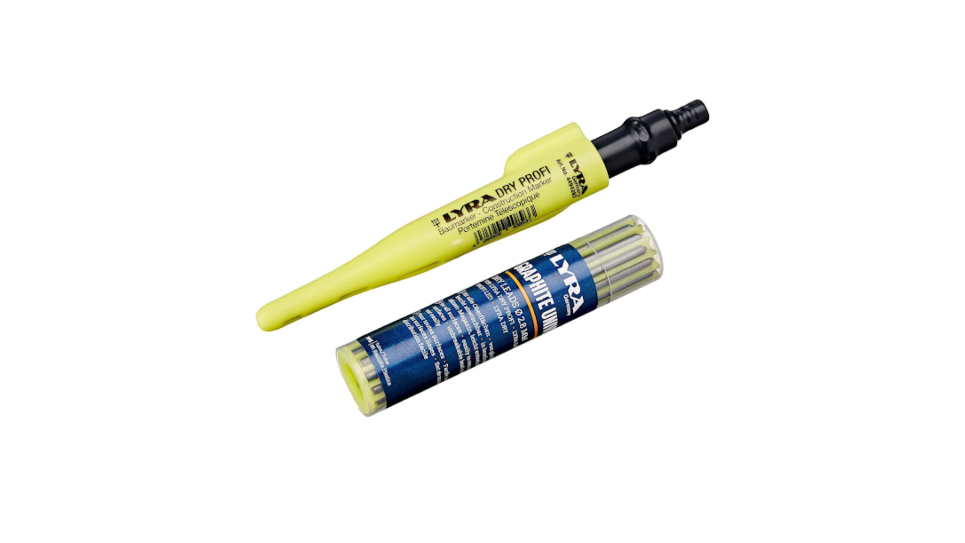 Marqueur de construction (Lyra Dry Profi), avec Taille-crayon et clip + 12 mines graphite universelles en 2B pour toutes les surfaces sous blister - LYRA