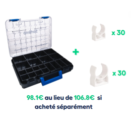 Pack Malin - Mallette de rangement 12 compartiments modulable + 30 Clip tuyau de condensat Ø 32mm et 30 Clip Ø 20mm / Xtra